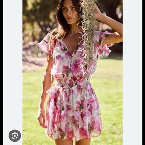 MISA Los Angeles Natalia Floral Mini Dress Pink Silk Size Small